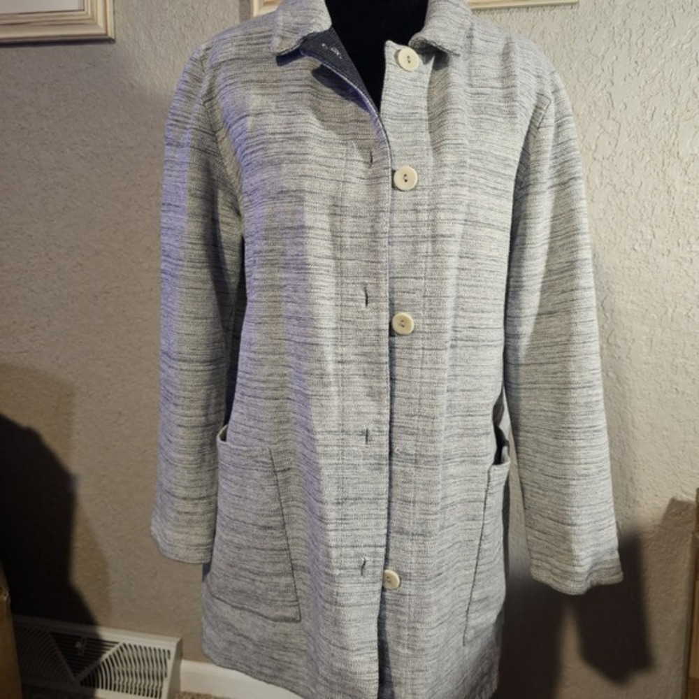 Eileen Fisher‎ Grey White Organic Cotton Long Jacket Pockets Small